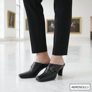 NWT Aerosoles 9.5 Mule Black Genuine Leather Lightweight Buckle Cushioned Flexib